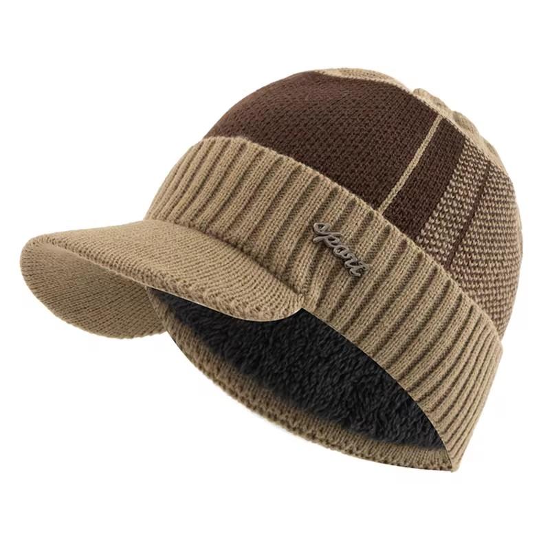 Unisex Warm Winter Hat With Brim Plush Fur Lined Knit Cap Sports Label Thicken Winter Hats For Men