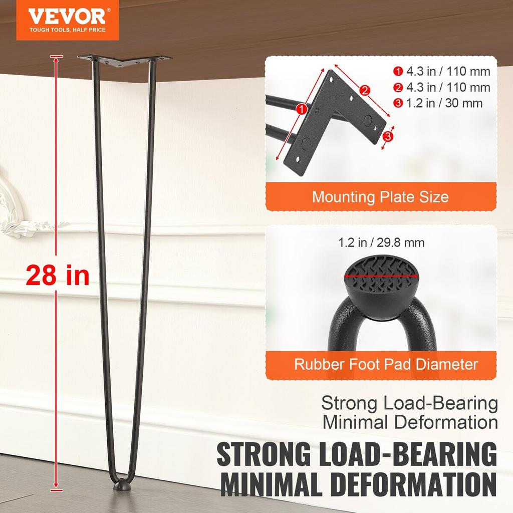 711.2MM Hairpin Furniture Legs, Metal Home DIY Projects for Nightstand, Coffee Table, Desk, 226.8KG Load Capacity with Rubber Floor Protectors, Metal