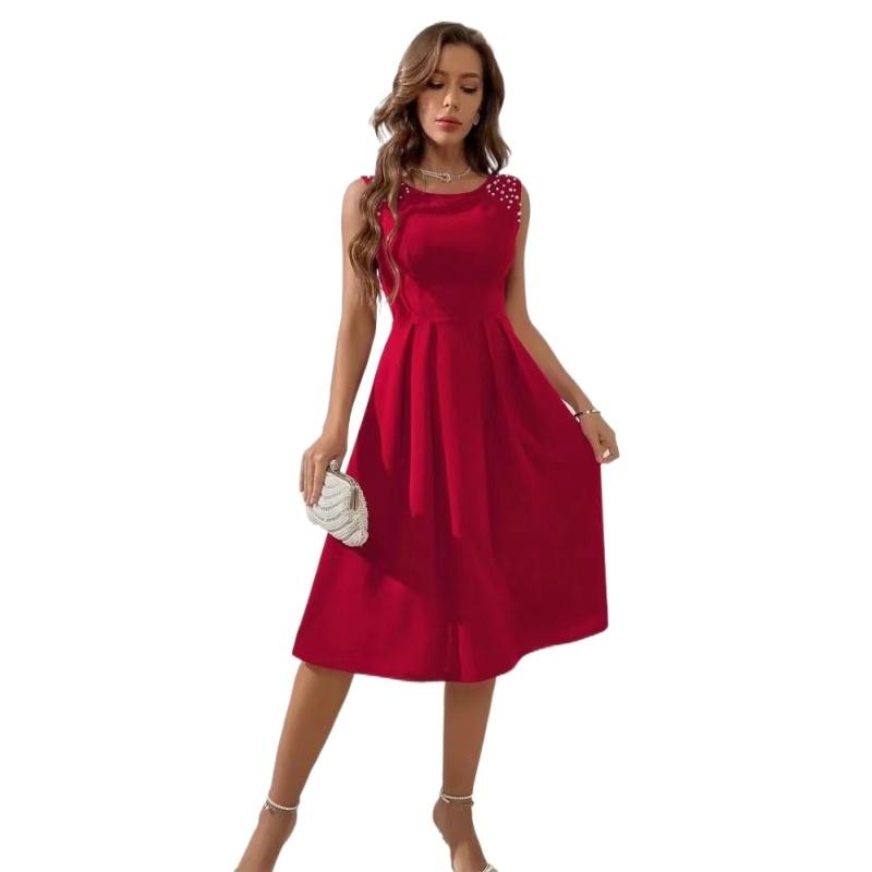 New Women's Slim Fit Round Neck Beaded Sleeveless Princess Dress S-XL