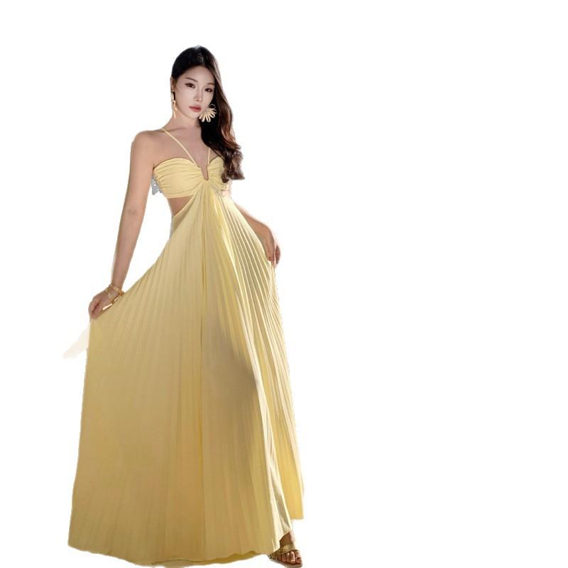 Thailand wears a seaside vacation backless hollow neck dress for women's summer long and thin Sanya beach dress