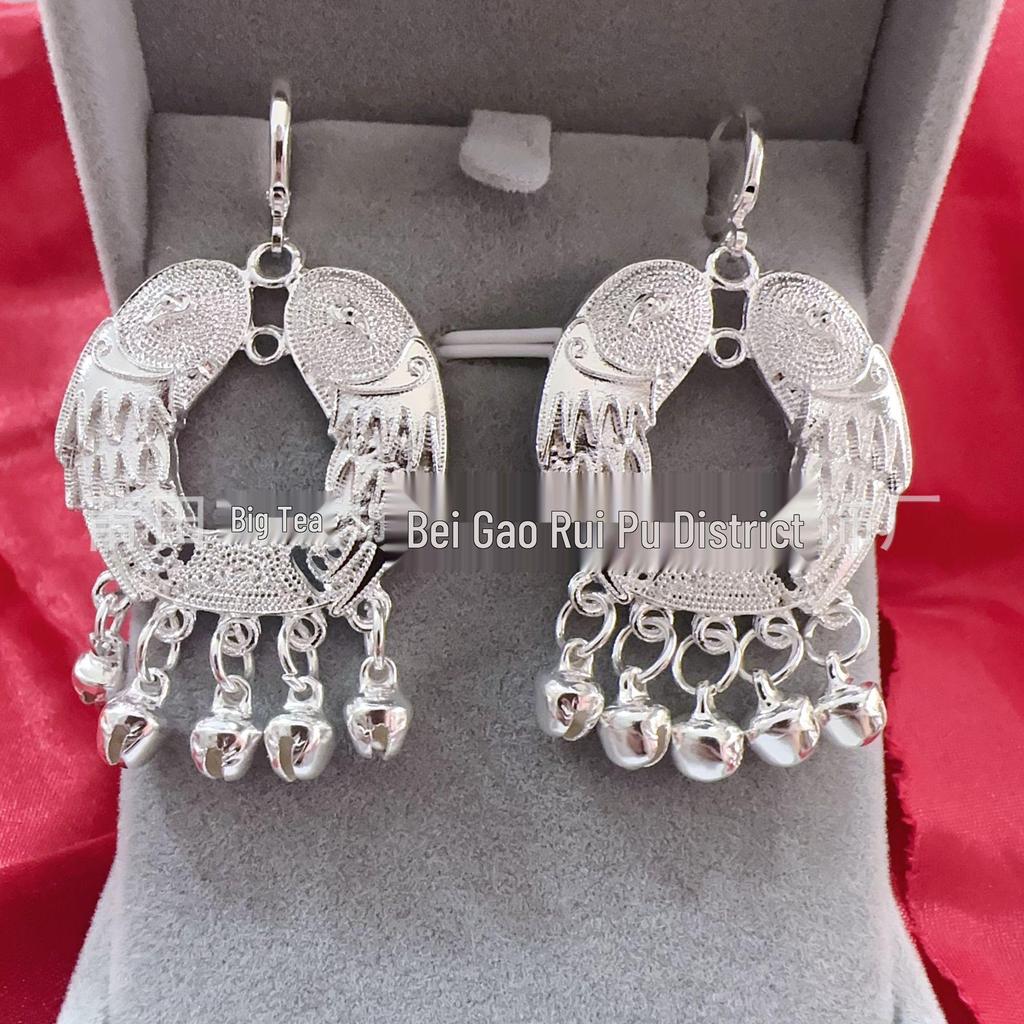 Ethnic Style Peacock Bell Tassel Earrings - Four-Layer Phoenix Design in Imitation Miao Silver