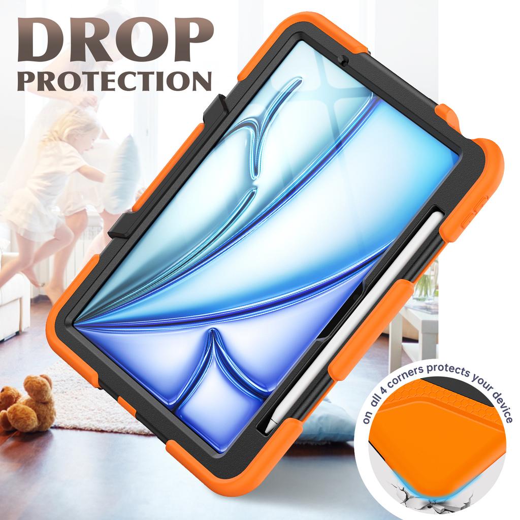 For iPad Air 11 (2025)/(2024) Case with Built-In Screen Protector Kickstand PC + Silicone Tablet Cover