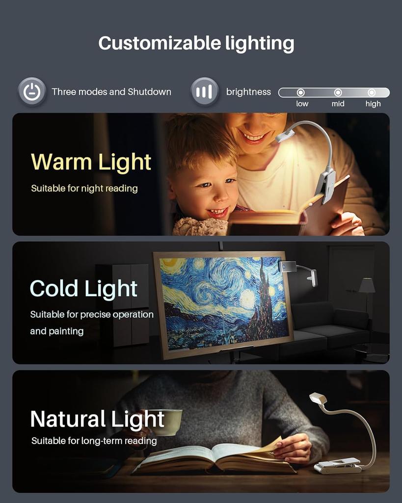 Aluminum Rechargeable Reading Light 3 colors 3 brightness Clip On Mini Book Light Small Read Night Lamp Study Reading Book Lamp