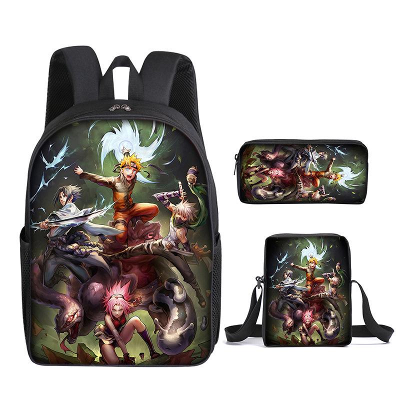 Naruto Naruto Rucksack Dreiteiliges Set, Schulranzen für Grund- und Sekundarschule, Umhängetasche, Messenger Bag, Federmäppchen.