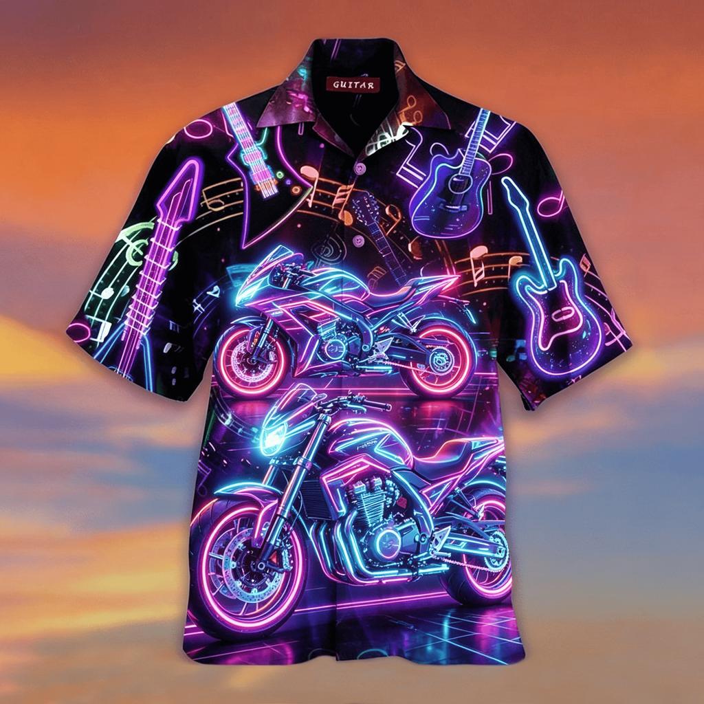 Pánská neónová havajská košile s krátkým rukávem a potiskem medúzy a kytary, psychedelický hudební havajský košile na knoflíky pro jaro a léto