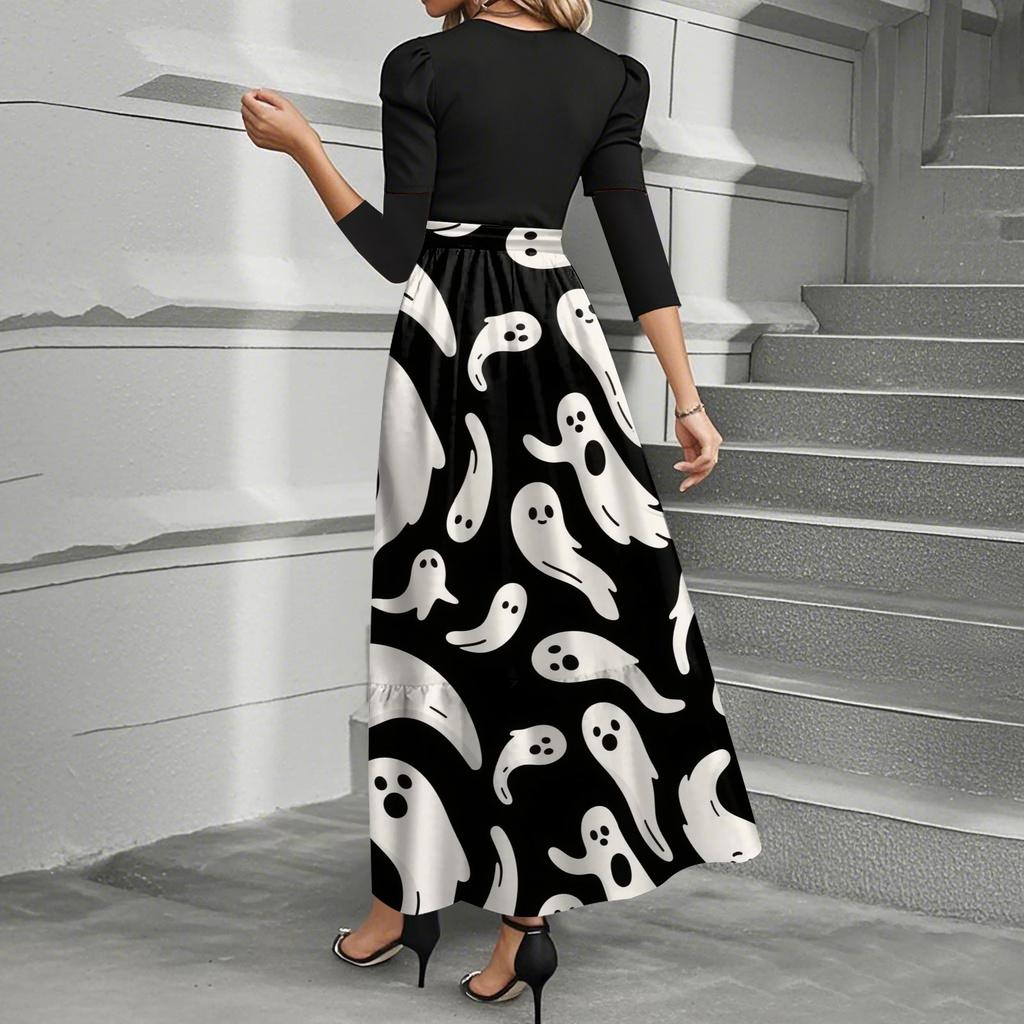 Damska Moda Casual Sukienki z Rękawem Trzy Czwarte, Okrągłym Dekoltem, z Paskiem, Eleganckie, z Temperamentem, z Nadrukiem Halloween