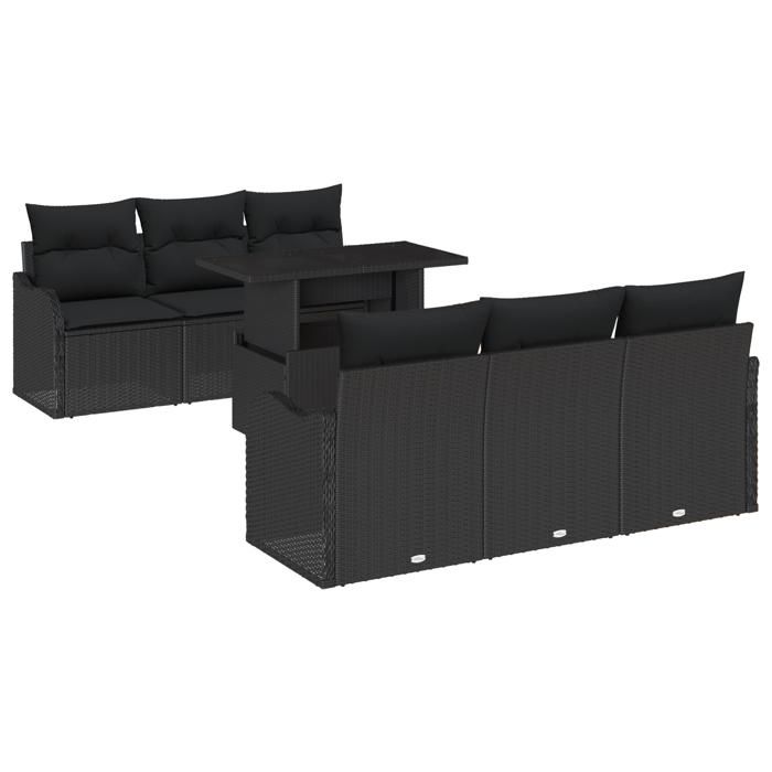 Ensemble de canapé de jardin 7 pièces avec coussins en rotin poly noir, Canapé de jardin 2 places avec coussins en rotin 3348389