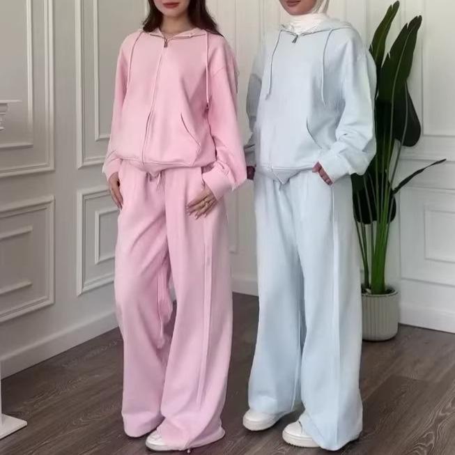 2026 Spring and Autumn New European and American Women's Clothing Cross-border Hooded Sweater Zipper Top High Waist Wide Leg Pants