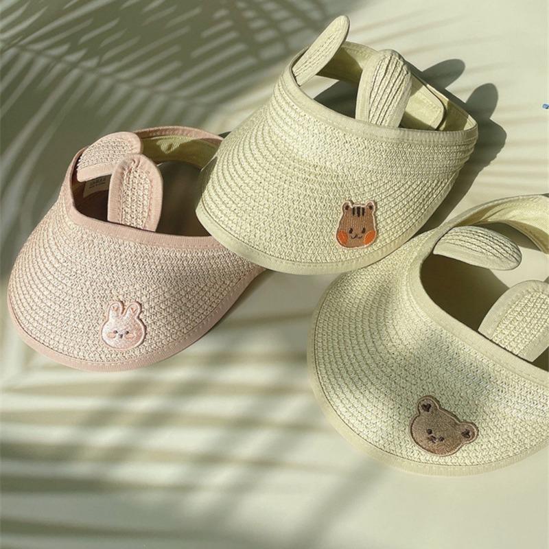 

Korean Style Kids Straw Sun Hat - Open Top Bear Duckbill Cap for Summer One Size
