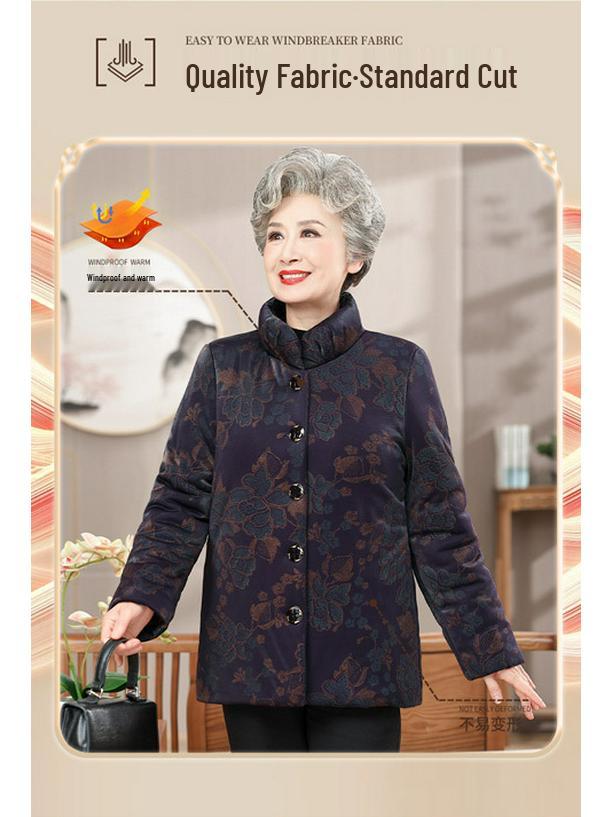 Elderly Women's Winter Fleece-Lined Cotton Jacket for 70-80 Year Olds