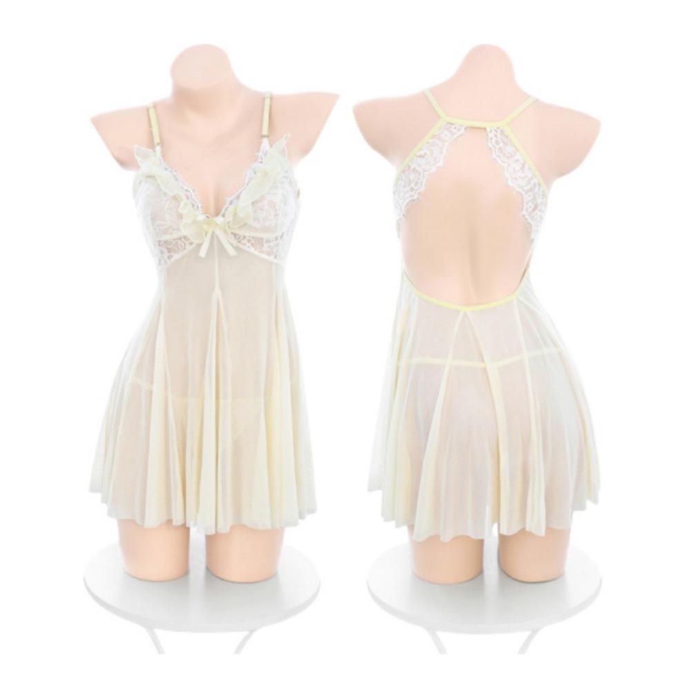 Domila Lace Milk Fishing Series Deep V Perspective Nightdress 6213 Erotic Underwear Sexy Naked Back Hip Pants F055