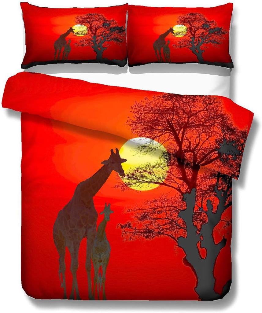 Giraffe Couples Lovers Dating Duvet Cover Sets - Giraffes Balloon At Sunset Bedding Set with Zipper Closure for Kids and Adults