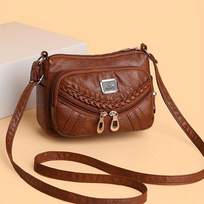 Solid Color Synthetic Leather Crossbody Bags for Women Adjustable Strap Multiple Zipper Braided Lightweight for Daily Use Travel Purse Casual Bag