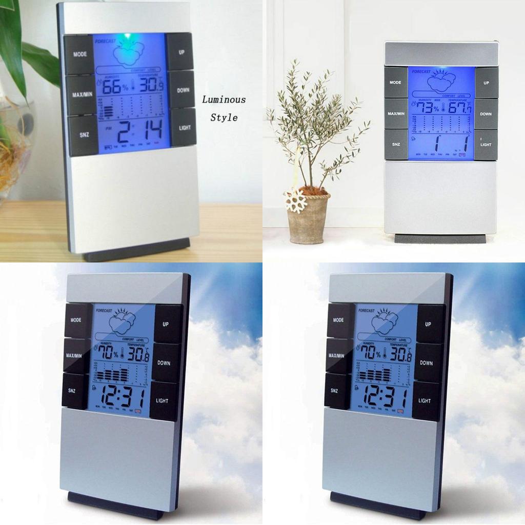 Igrometro Termometro Digitale LCD Misuratore di Umidità Previsioni Meteo Orologio Sveglia Con Calibrazione Automatica e Display Retroilluminato Blu