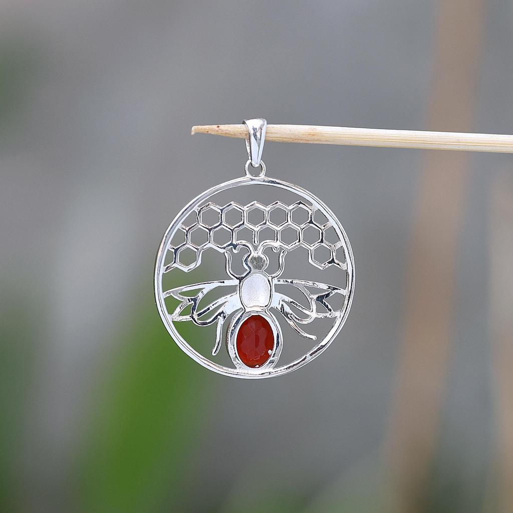 Carnelian Honey Bee Hive Pendant 100% 925 Sterling Silver Charm Pendant Jewelry