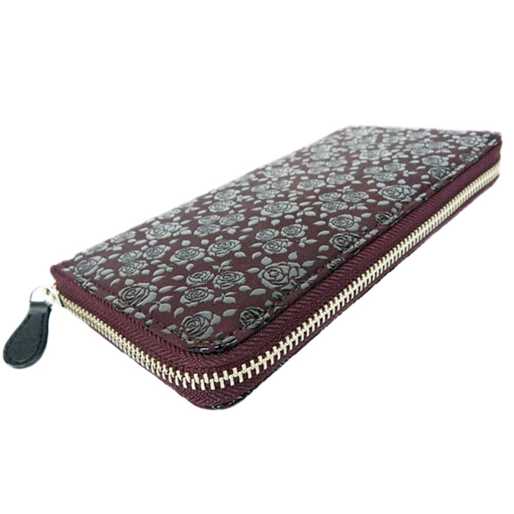 [Inden-ya] Inden 2317 Purse F, Purple Deerskin with Black Lacquer, Rose Petite Pattern, 10cm X 19cm X 2cm, Round Zipper Long Wallet
