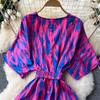 Vintage Elegant V Neck Split Print Short Sleeve Dress Chic Slim A Line Vestidos Summer Vacation Party Women Fashion Dresses