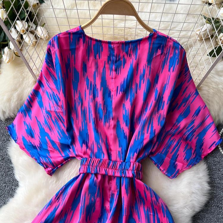 Vintage Elegant V Neck Split Print Short Sleeve Dress Chic Slim A Line Vestidos Summer Vacation Party Women Fashion Dresses