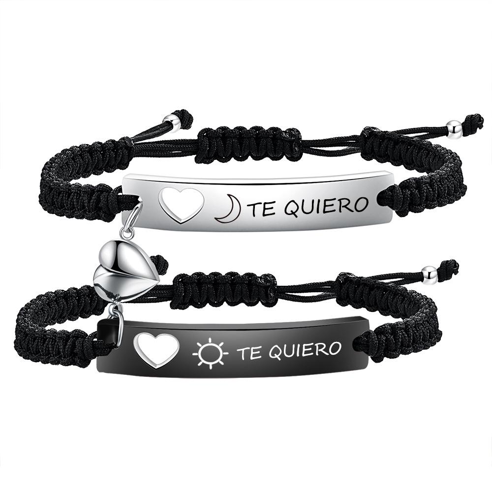 Polished Engravable Heart Cutout Hand-Woven Magnetic Clasp Couple Bracelet