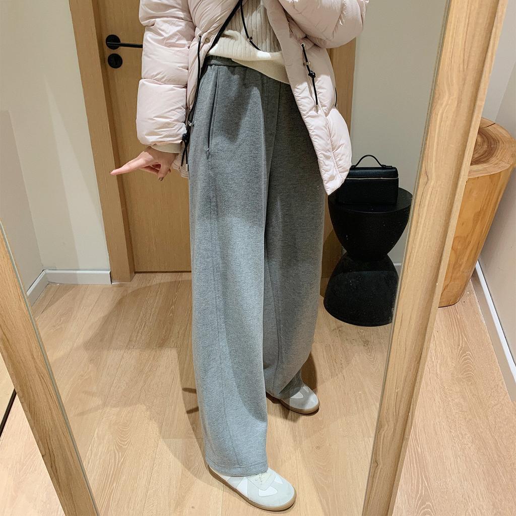 Women's Elastic Waist Barrel Leg Pants Relaxed Fit Korean Thick Cashmere Acetate Blend Wide Leg Trousers Winter Loungewear Sweatpants