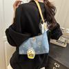 Korean Version of Single Shoulder 2025 Spring Simple Casual Portable Cute Cat Print Denim Small Square Bag Dark Blue