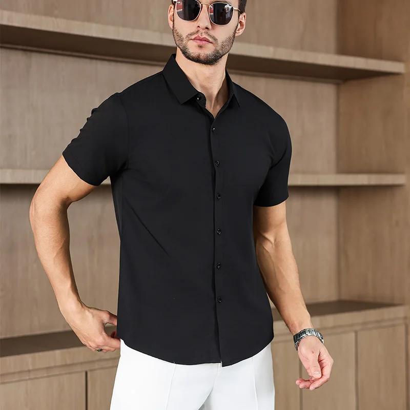 Men's Business Casual Solid Color Short Sleeved Shirt for Summer Fashion No Ironing Comfortable and Versatile Top