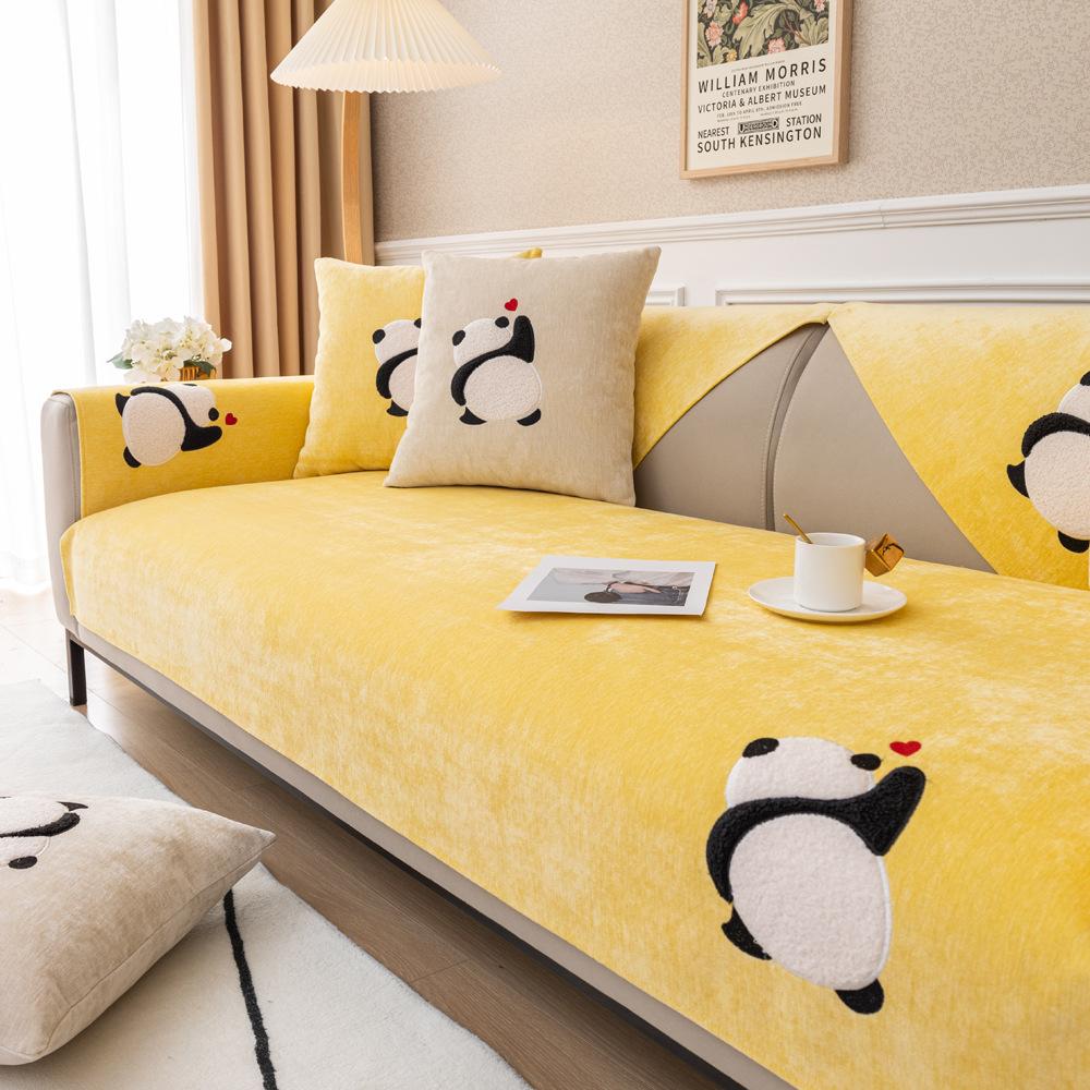 Luxuriöse Sofabezug Kissen Cartoon Panda L-Form Leder Couchbezug Vier Jahreszeiten Universal Rutschfest Rückenhandtuch für Wohnzimmer