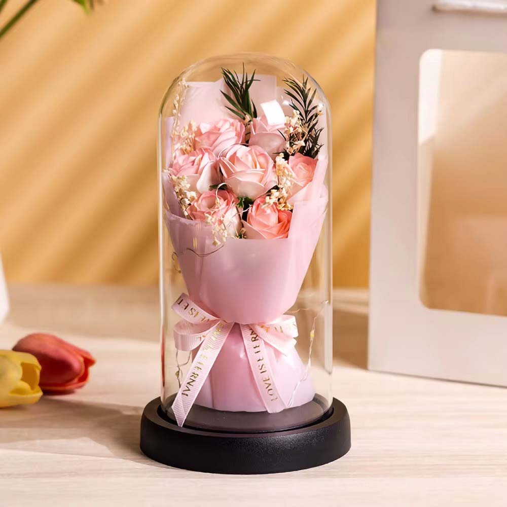Real Touch Eternal Rose Dome with LED Lights Romantic Home Decor Preserved Flower Gift for Valentine Anniversary Wedding