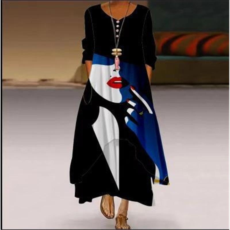 

Жіноча літня новинка плаття з принтом з довгим рукавом круглий виріз вільне великого розміру повсякденне нерівний поділ довга спідниця 5XL