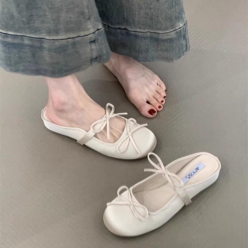 

Французские полутапочки, увеличение внутренней высоты, лето 2025, новый нежный сказочный стиль, одинарная обувь, бант, крутые тапочки, женщина 40 бежевый