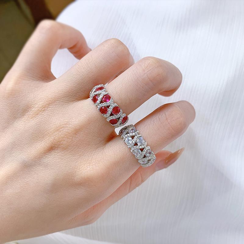 Luoxi Temple Jewelry 925 Sterling Silver Ring with Zircon, White Diamond, and Red Diamond - European & American Fashion Band for Women