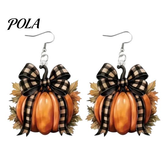 Autumn Pumpkin Earrings 1 Pair for Women, Acrylic Dangle Drop Theme Jewelry with Plaid Bow, Halloween Fall Holiday Party Cute