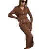 Women's V-Neck Knit Dress with Metal Buttons and Waist Belt, Side Slit, Casual Elegant Long Sleeve Sweater Dress