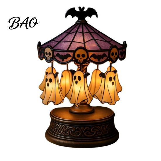 Halloween Tabletop Decor Ghost Carousel Light, Night Gothic Stained Glass Shade Vintage Resin with Floating Ghosts/Pumpkins, Spooky Table Lamp