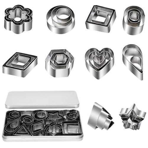 

Stainless Steel Cookie Cutter Set of 30, featuring round, heart, polygon, star, flower, and heart shapes. Perfect for Halloween, these cookie cutters