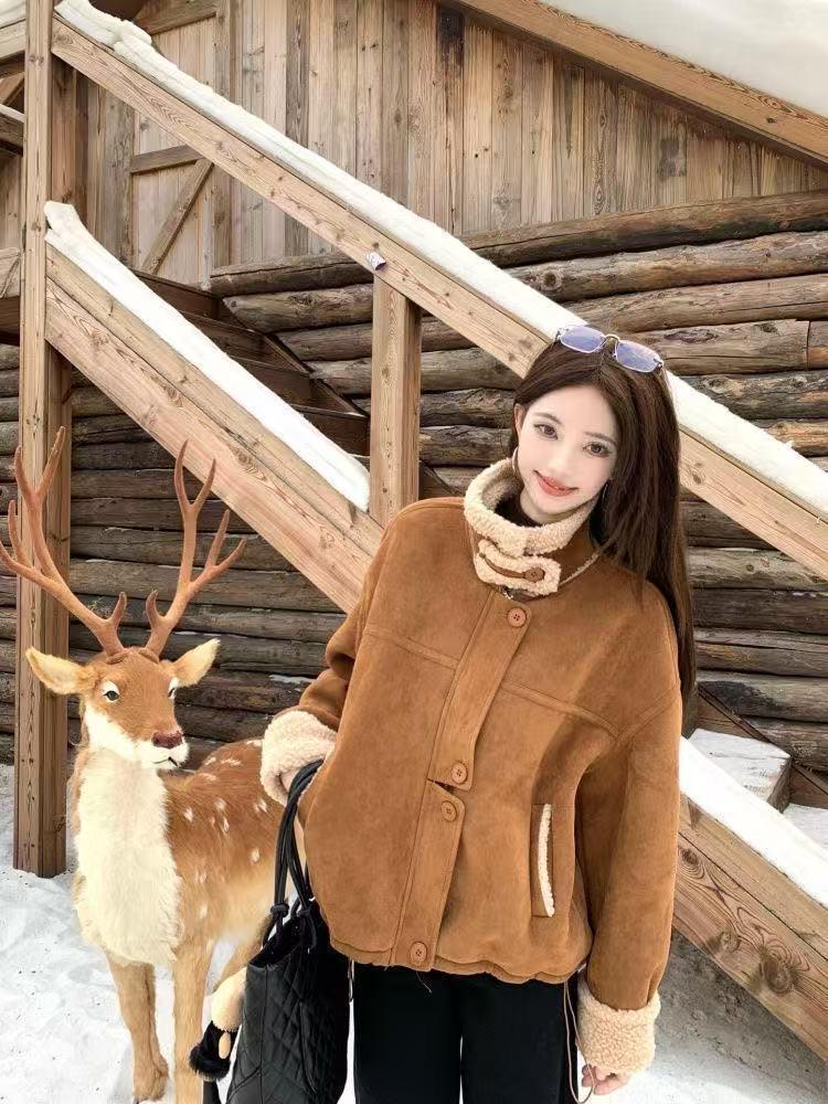 Melaleuca Plus Women's Winter 2026 Lambswool Patchwork Loose Jacket with Thickened Velvet Lapel and Long Sleeves