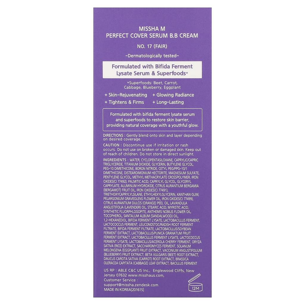 Missha Perfect Cover Serum BB Cream, Shade 17 Fair, 35ml (1.18 fl oz)