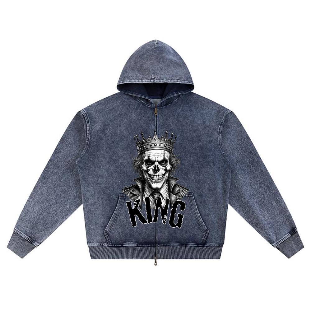 

DTG print Knitted Denim Zip-Up Hoodie Poker King Brother Print Zipper Hoodies XL темно-синий