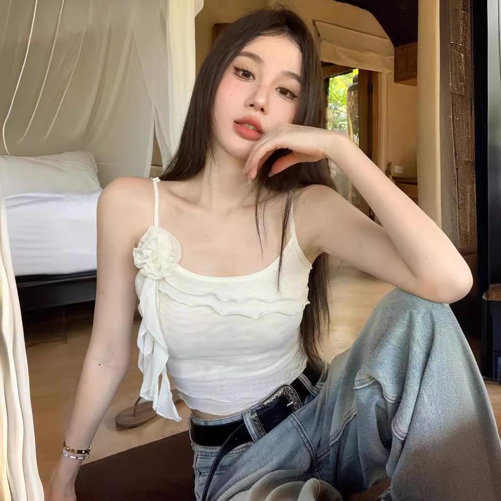 Flower Mesh Suspender Small Vest Women's Summer Babes Sexy Inside French Romantic Double Lace Top Outside