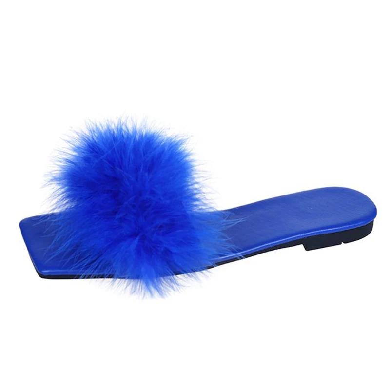Lucyever Blue Summer Flat Fur Slipper Women 2025 Soft Bottom Non Slip Slides Shoes Woman Fashion Square Toe Fluffy Slippers