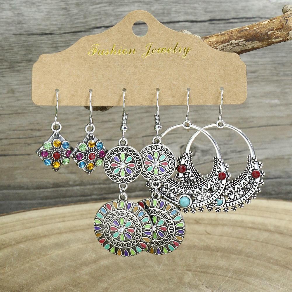 Bohemian Ethnic Style Earrings Set for Women Creative Retro Drop Oil Rhinestoen Water Drop Tassel Earring Female Jewelry
