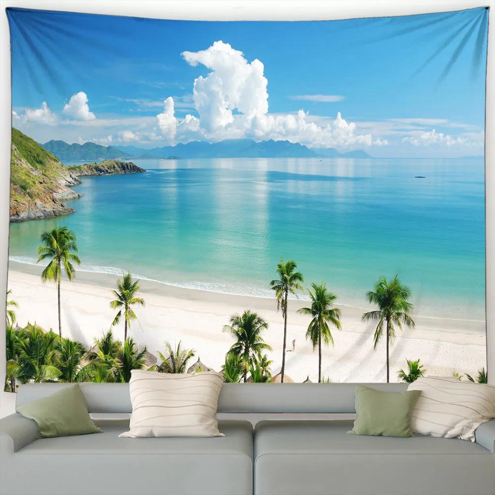 Island Landscape Wall Hanging Tapestry – Beach with Palm Trees At Dusk, Ocean Waves Fabric Art for Living Room, Dorm, Home Decor