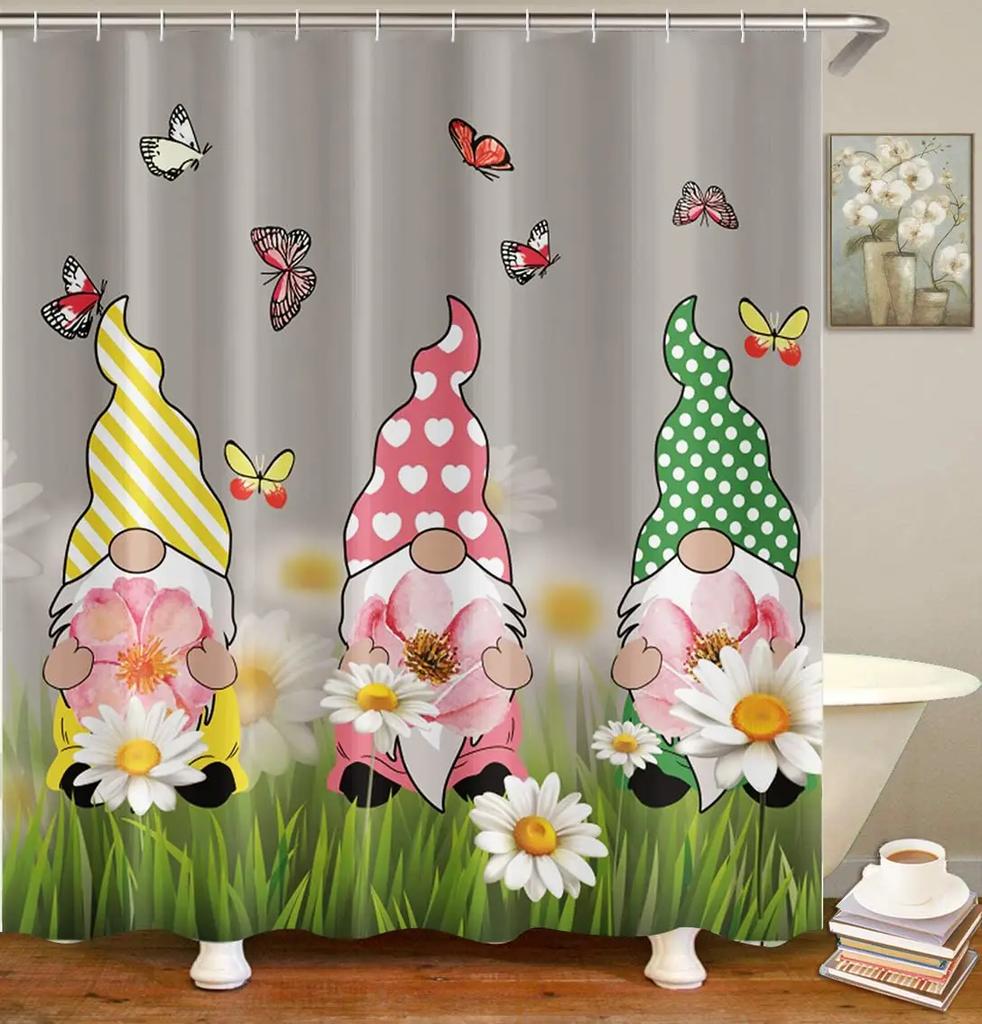 Christmas Gnomes Shower Curtain Set,Cute Winter Xmas Holiday Tree Buffalo Check Plaid Shower Curtains For Bathroom Decor,Hooks