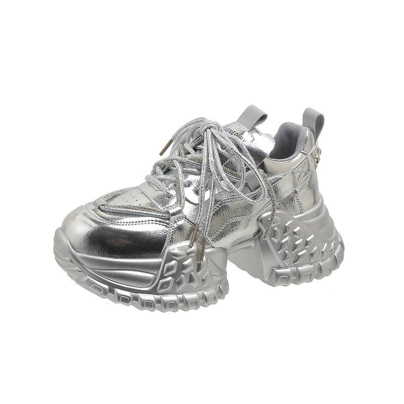 Women's Platform Thick-soled Casual Shoes, Metallic Silver Dad Shoes, Spring Style, Small Height-increasing Shoes