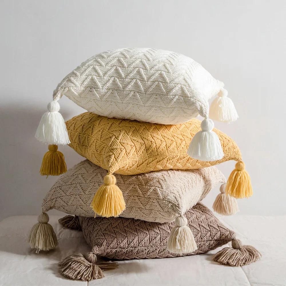 45x45cm Nordic Chenille Knitted Square Cushion Cover Yellow Pink Pillow Cover with Tassels Pillowcase Sofa Bed Chair Decorative