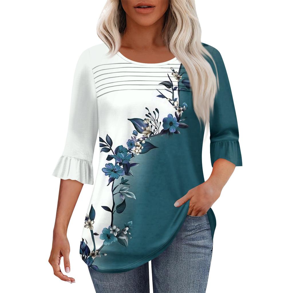 Women's Fashion Round Neck Pleated Front Printed  Points Flared 3/4Sleeve Top