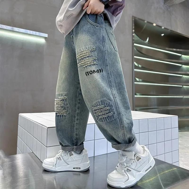 Quattro Stagioni Primavera Autunno Jeans Ragazzo Bambini Pantaloni di Jeans Larghi Adolescente Moda Primavera Pantaloni Larghi Bambini Abbigliamento Bello