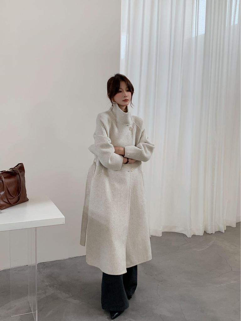 Hepburn-Style Stand-Up Collar Double-Faced Wool Coat for Women - Extra-Long, High-End, Tie-Up Design for Autumn and Winter 2025