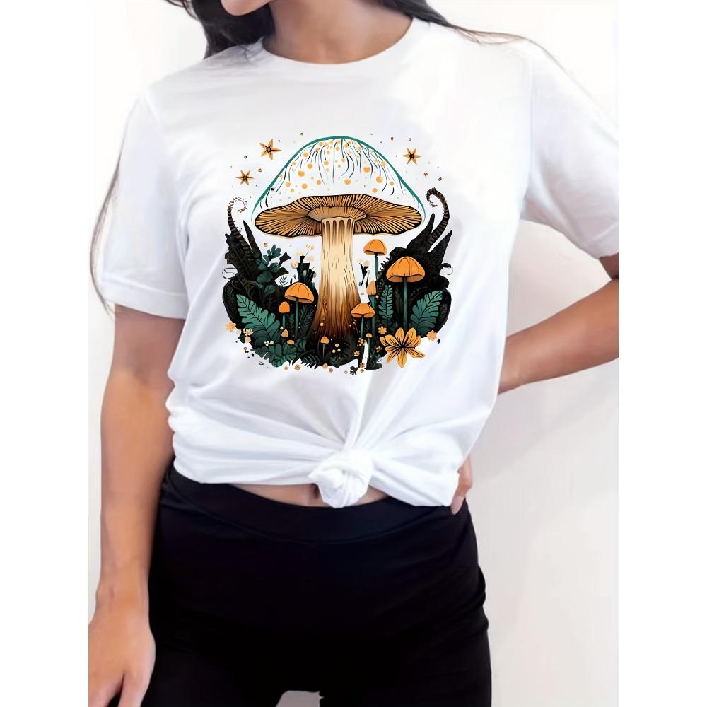 Whimsical Mushroom Forest Women's Tee - Enchanted Graphic, Casual Black Top