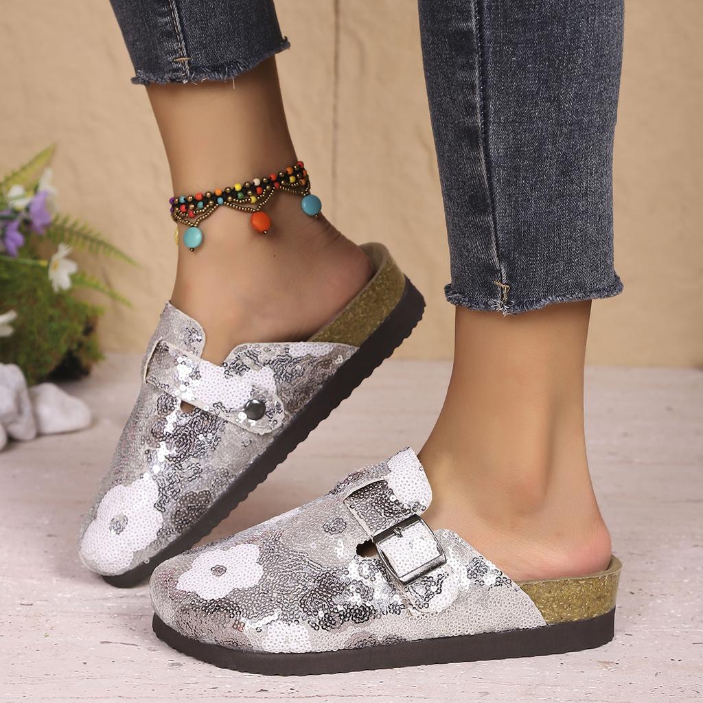 2025 New Women Slippers Casual Non Slip Flat Sandals Spring Sequined Half Slippers with Cork Toe Comfortable Shoes Slides Women